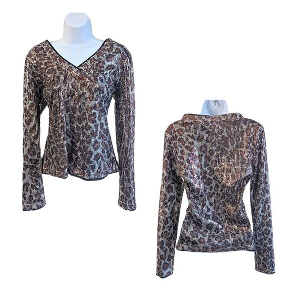 Vtg 90s OLEG CASSINI Platinum Sequin SemiSheer Leopard LS Going Out Top Size S - Picture 1 of 8